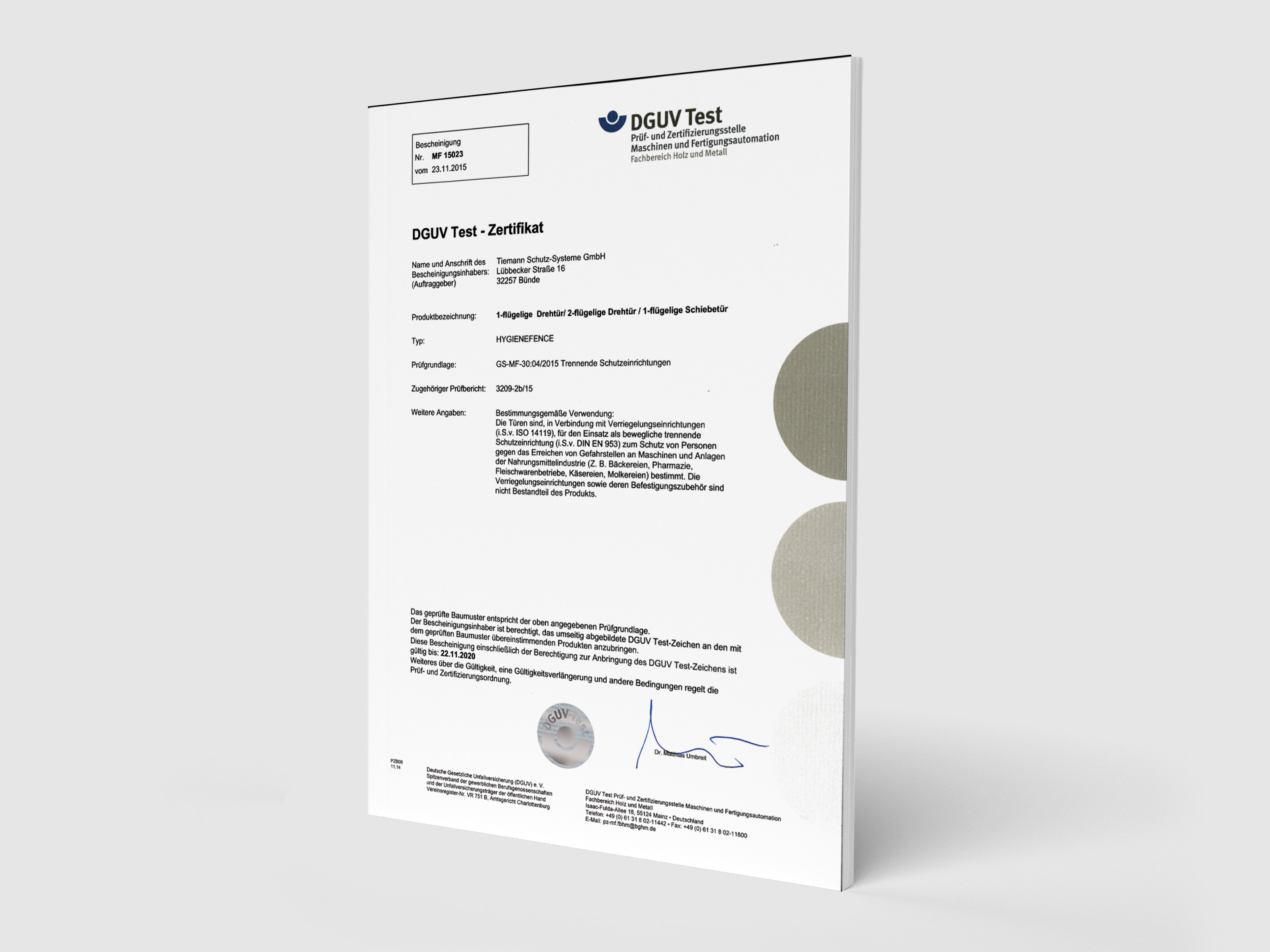 Hygienefence - DGUV Test - Zertifikat "Trennende Schutzeinrichtung" - Türsystem